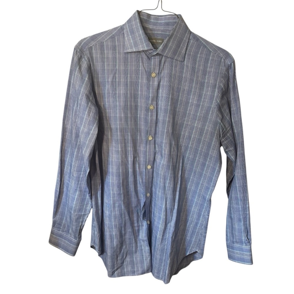 Michael Kors Dress Shirt Medium 15 1/2 32/33 Blue White Checkered 100% Cotton